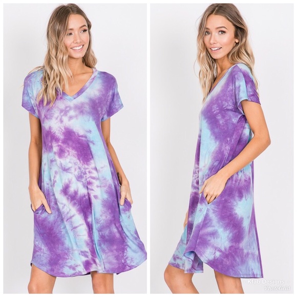🛍LAST 1! Tie Dye Pocket V Neck Swing Dress! - Picture 3 of 4